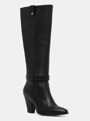 Tommy Hilfiger kozaki skórzane TH T-STRAP LTHR POINTY LONG BOOT damskie kolor czarny na słupku FW0FW08982