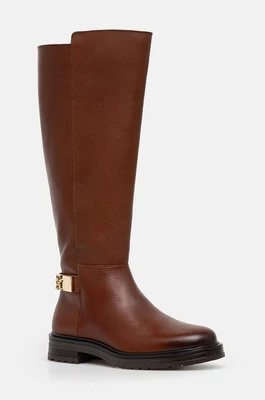 Tommy Hilfiger kozaki TH LOGO LEATHER LONG BOOT damskie kolor brązowy na płaskim obcasie lekko ocieplone FW0FW08335