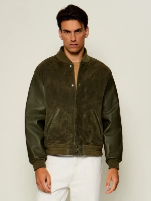 Tommy Hilfiger Kurtka bomber Varsity | zamsz | z dodatkiem skóry oliwkowy