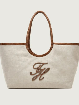 Tommy Hilfiger Lniana shopperka ELEV SUMM MAXI beżowy