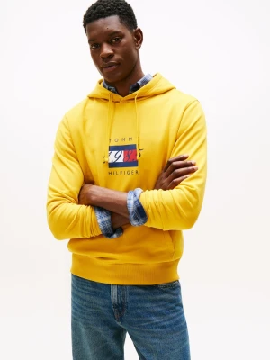 Tommy Hilfiger Męski sweter z kapturem Mężczyźni Materiał dresowy żółty jednolity,