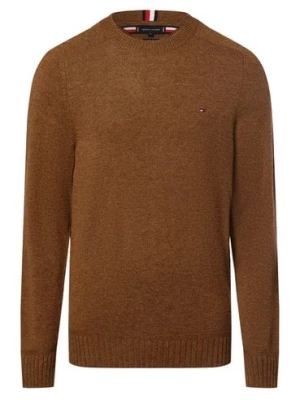 Tommy Hilfiger Męski sweter z wełny merino Mężczyźni wełna ze strzyży brązowy jednolity,