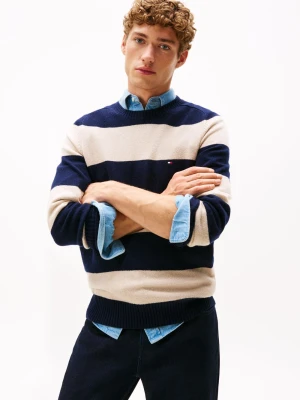 Tommy Hilfiger Męski wełniany sweter Mężczyźni Wełna niebieski|beżowy w paski,