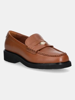 Tommy Hilfiger mokasyny skórzane CREST SQUARISH TOE PENNY LOAFER damskie kolor brązowy na płaskim obcasie FW0FW08633
