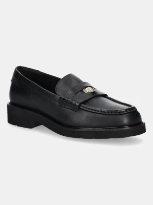 Tommy Hilfiger mokasyny skórzane CREST SQUARISH TOE PENNY LOAFER damskie kolor czarny na płaskim obcasie FW0FW08633