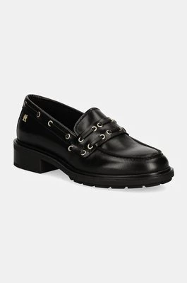 Tommy Hilfiger mokasyny skórzane NAUTICAL EYELETS LEATHER LOAFER damskie kolor czarny na platformie FW0FW08148