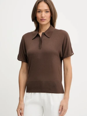 Tommy Hilfiger polo z domieszką jedwabiu damski kolor brązowy WW0WW45652