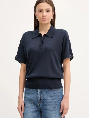 Tommy Hilfiger polo z domieszką jedwabiu damski kolor granatowy WW0WW45652