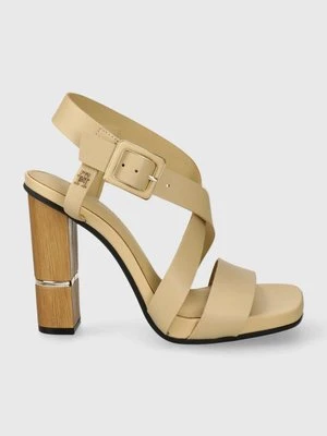 Tommy Hilfiger sandały skórzane HARDWARE BLOCK HIGH HEEL kolor beżowy FW0FW07016