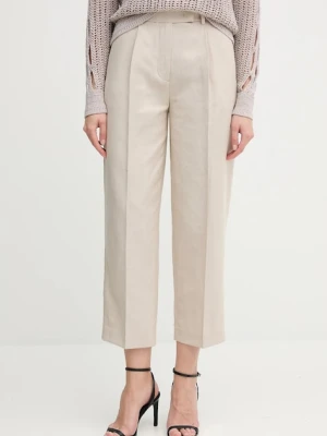 Tommy Hilfiger spodnie z domieszką lnu damskie kolor beżowy proste high waist WW0WW45461