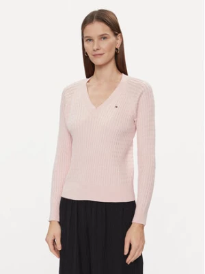 Tommy Hilfiger Sweter Co Cable V-Nk Sweater WW0WW40674 Różowy Regular Fit