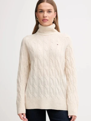 Tommy Hilfiger sweter wełniany damski kolor beżowy lekki z golfem WW0WW46791