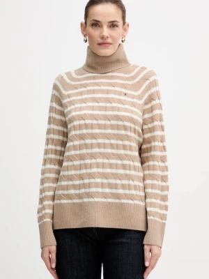 Tommy Hilfiger sweter wełniany damski kolor beżowy lekki z golfem WW0WW46791