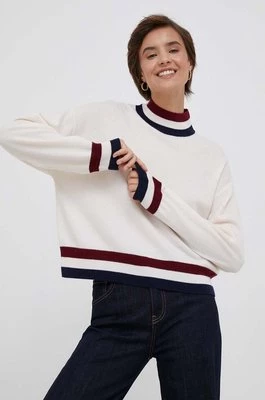 Tommy Hilfiger sweter wełniany damski kolor beżowy lekki z półgolfem