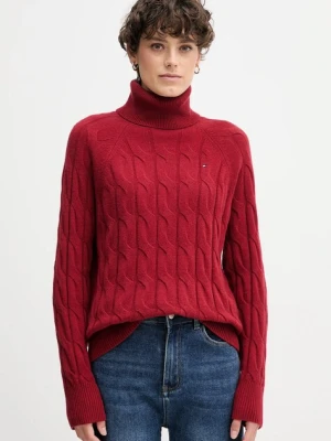 Tommy Hilfiger sweter wełniany damski kolor bordowy lekki z golfem WW0WW46791