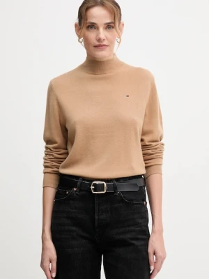 Tommy Hilfiger sweter wełniany damski kolor brązowy lekki z półgolfem WW0WW47468