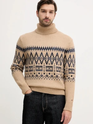 Tommy Hilfiger sweter z dodatkiem wełny męski kolor beżowy ciepły z golferm MW0MW40843