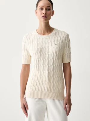 Tommy Hilfiger sweter z krótkim rękawem damski bawełniany beżowy