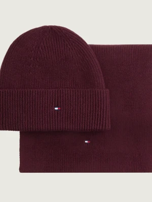 Tommy Hilfiger Szal + czapka | z dodatkiem wełny bordowy