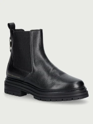 Tommy Hilfiger sztyblety damskie skórzane TH EMBOSS GRAIN LEATHER CHELSEA czarny