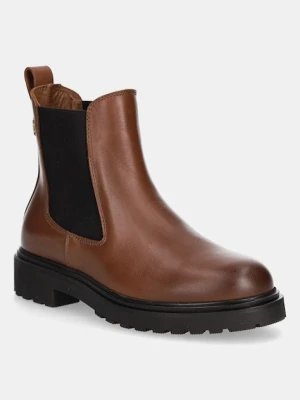 Tommy Hilfiger sztyblety skórzane LEATHER CLEATED CHELSEA damskie kolor brązowy na płaskim obcasie FW0FW08766