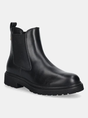 Tommy Hilfiger sztyblety skórzane LEATHER CLEATED CHELSEA damskie kolor czarny na płaskim obcasie FW0FW08766