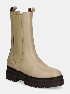 Tommy Hilfiger sztyblety skórzane MONOCHROMATIC CHELSEA BOOT damskie kolor beżowy na płaskim obcasie FW0FW06730