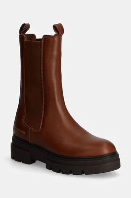 Tommy Hilfiger sztyblety skórzane MONOCHROMATIC CHELSEA BOOT damskie kolor brązowy na płaskim obcasie FW0FW06730