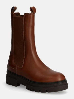 Tommy Hilfiger sztyblety skórzane MONOCHROMATIC CHELSEA BOOT damskie kolor brązowy na płaskim obcasie FW0FW06730