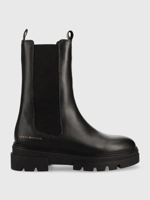 Tommy Hilfiger sztyblety skórzane Monochromatic Chelsea Boot damskie kolor czarny na płaskim obcasie