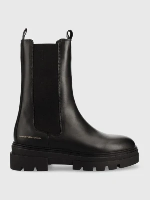 Zdjęcie produktu Tommy Hilfiger sztyblety skórzane Monochromatic Chelsea Boot damskie kolor czarny na płaskim obcasie