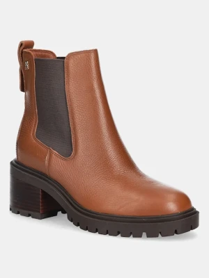 Tommy Hilfiger sztyblety skórzane TH LEATHER CHELSEA CLEATED HEEL damskie kolor brązowy na słupku FW0FW08774