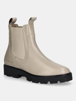 Tommy Hilfiger sztyblety skórzane TH LTHR LOW CHELSEA damskie kolor beżowy na płaskim obcasie FW0FW08775
