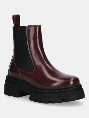 Tommy Hilfiger sztyblety skórzane TH SHINY LEATHER CHELSEA damskie kolor bordowy na platformie lekko ocieplone FW0FW09042