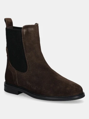 Tommy Hilfiger sztyblety zamszowe FLAG SUEDE CHELSEA BOOT damskie kolor brązowy na płaskim obcasie FW0FW08780