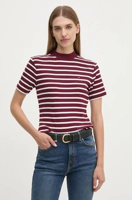 Tommy Hilfiger t-shirt bawełniany damski kolor bordowy z półgolfem