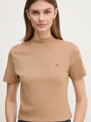 Tommy Hilfiger t-shirt bawełniany damski kolor brązowy z półgolfem