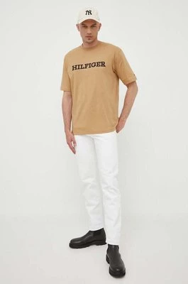 Tommy Hilfiger t-shirt bawełniany kolor beżowy z aplikacją