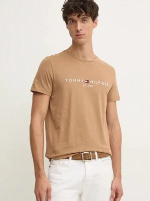 Tommy Hilfiger t-shirt bawełniany męski kolor beżowy z aplikacją