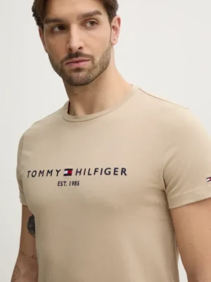 Tommy Hilfiger t-shirt bawełniany męski kolor beżowy z aplikacją MW0MW11797