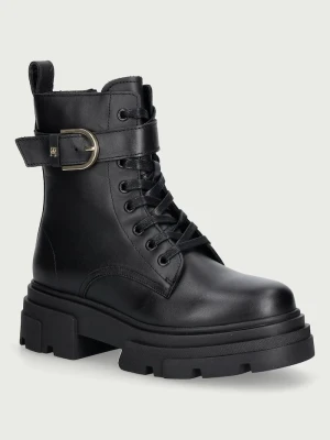 Tommy Hilfiger workery damskie skórzane LEATHER TH BUCKLED LACE-UP BOOT czarny
