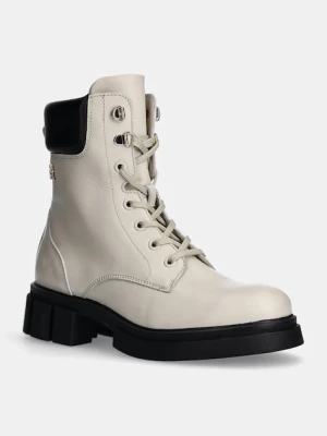 Tommy Hilfiger workery skórzane LACE-UP BIKER LEATHER damskie kolor beżowy na platformie FW0FW08167