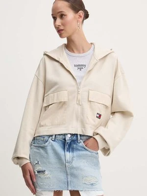 Tommy Jeans bluza bawełniana damska kolor beżowy z kapturem gładka DW0DW18381