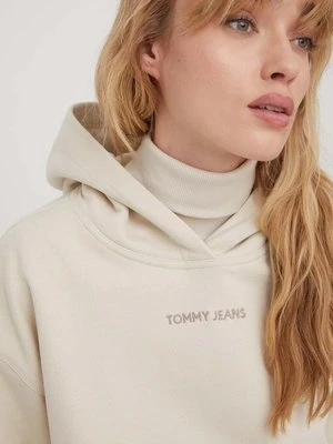 Tommy Jeans bluza bawełniana damska kolor beżowy z kapturem z aplikacją DW0DW17329