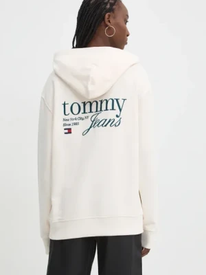 Tommy Jeans bluza bawełniana damska kolor beżowy z kapturem z aplikacją DW0DW18760