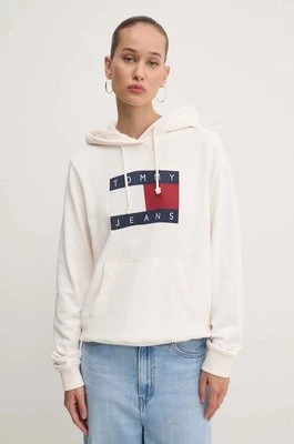 Tommy Jeans bluza bawełniana damska kolor beżowy z kapturem z nadrukiem DW0DW18654