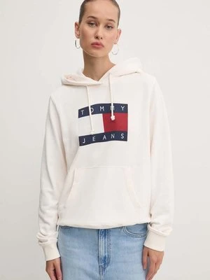 Tommy Jeans bluza bawełniana damska kolor beżowy z kapturem z nadrukiem DW0DW18654