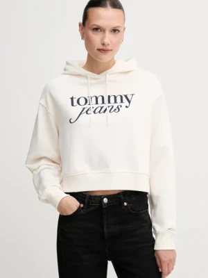 Tommy Jeans bluza bawełniana damska kolor beżowy z kapturem z nadrukiem DW0DW20306