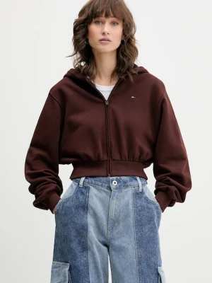 Tommy Jeans bluza bawełniana damska kolor brązowy z kapturem gładka DW0DW21590