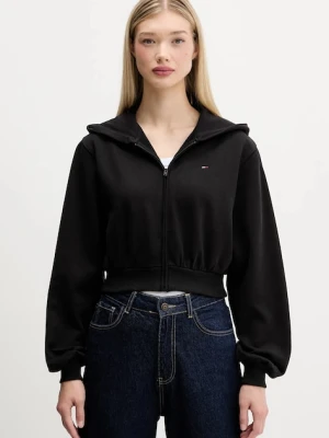 Tommy Jeans bluza bawełniana damska kolor czarny z kapturem gładka DW0DW21590